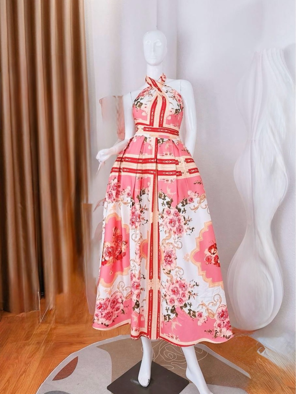 Pink Floral Halter Maxi Dress with Waist Tie